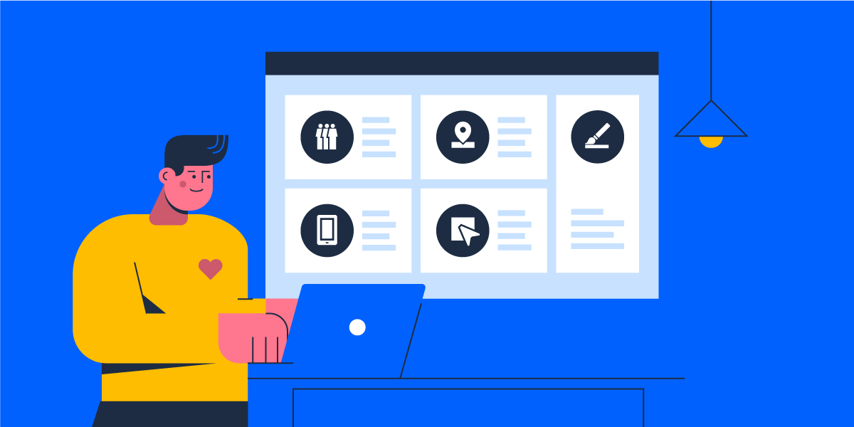 graphic depicting a man on a laptop looking at metrics to illustrate programmatic campaign reporting