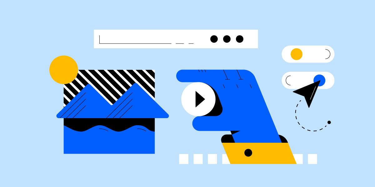 blue background and graphics showing a hand holding a play button to visualize video advertising