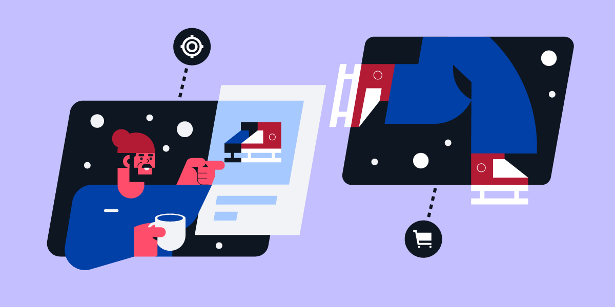 graphic depiction of a person looking at a product online and then placing it in their cart to show the conversion journey