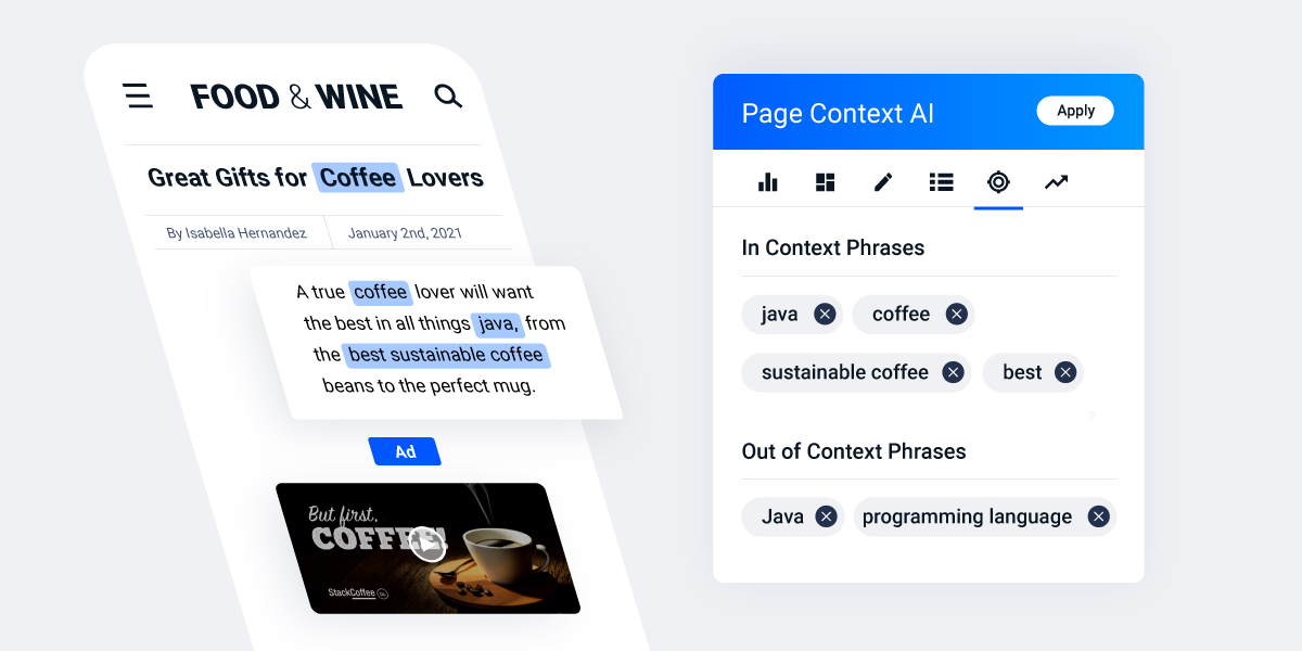 graphic showing an example of a contextual advertising ad to illustrate how page context AI works