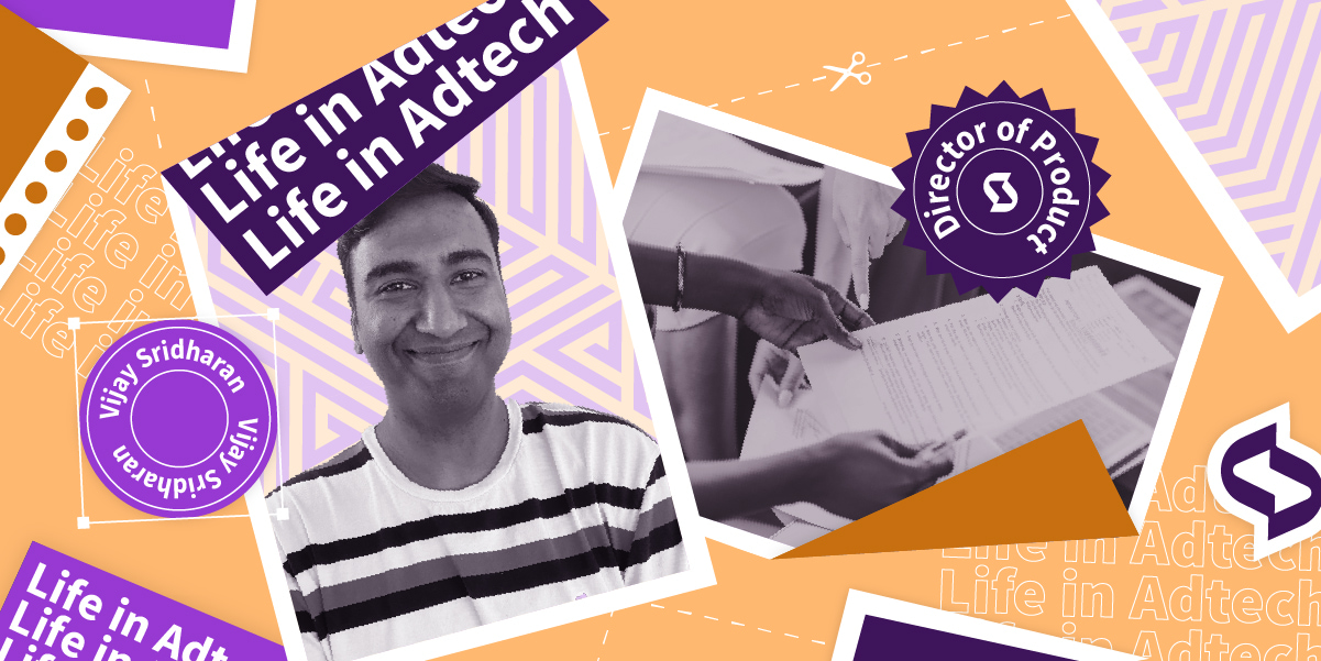 Overlayed graphics and picture of Vijay Sridharan, Director of Product at StackAdapt