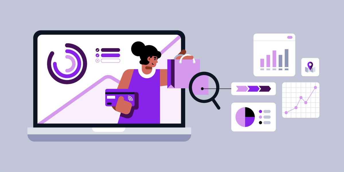 graphic showing a woman holding a shopping bag in the middle of a laptop screen with a magnifying glass overlayed to illustrate customer profiles