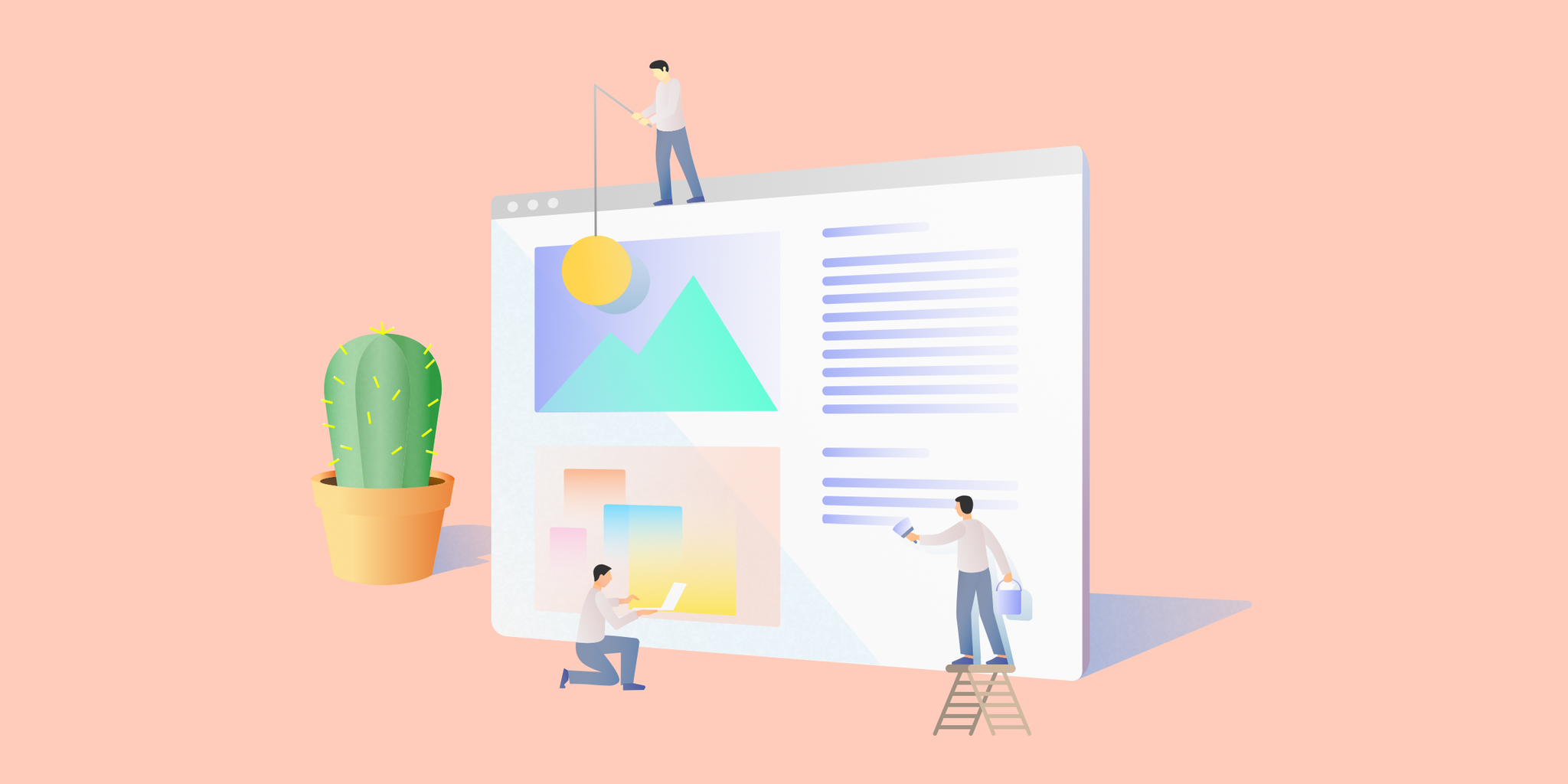 Illustration of three people building a native advertising ad on a website