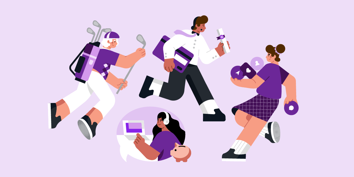 illustrations showing people that represent the four main generations, gen z, millennials, gen x and baby boomers