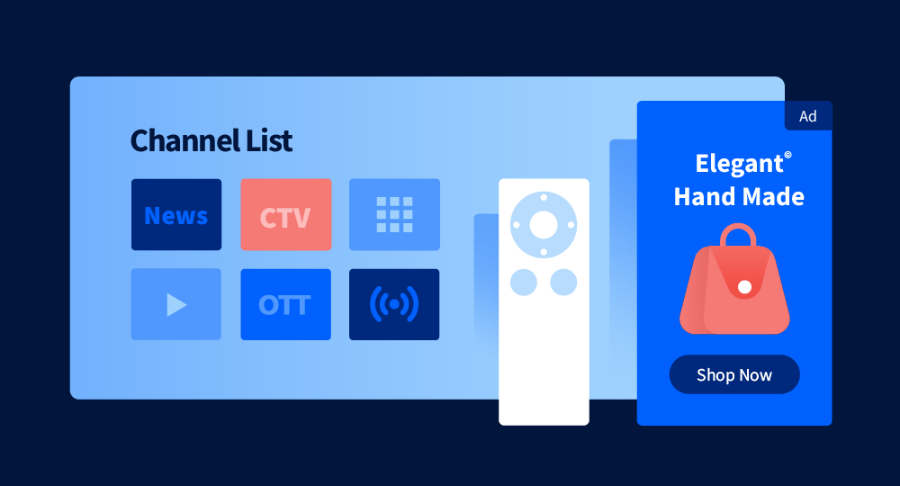 Illustrative graphic of ctv ad on a tv screen, including a remote control and a mock up of a ctv ad