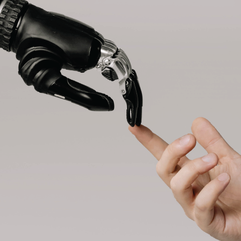 Robot hand touching the index finger of a human hand